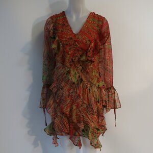 NWT Womens Walter Baker Red, Green Print Ruffle Trim Dress 0
